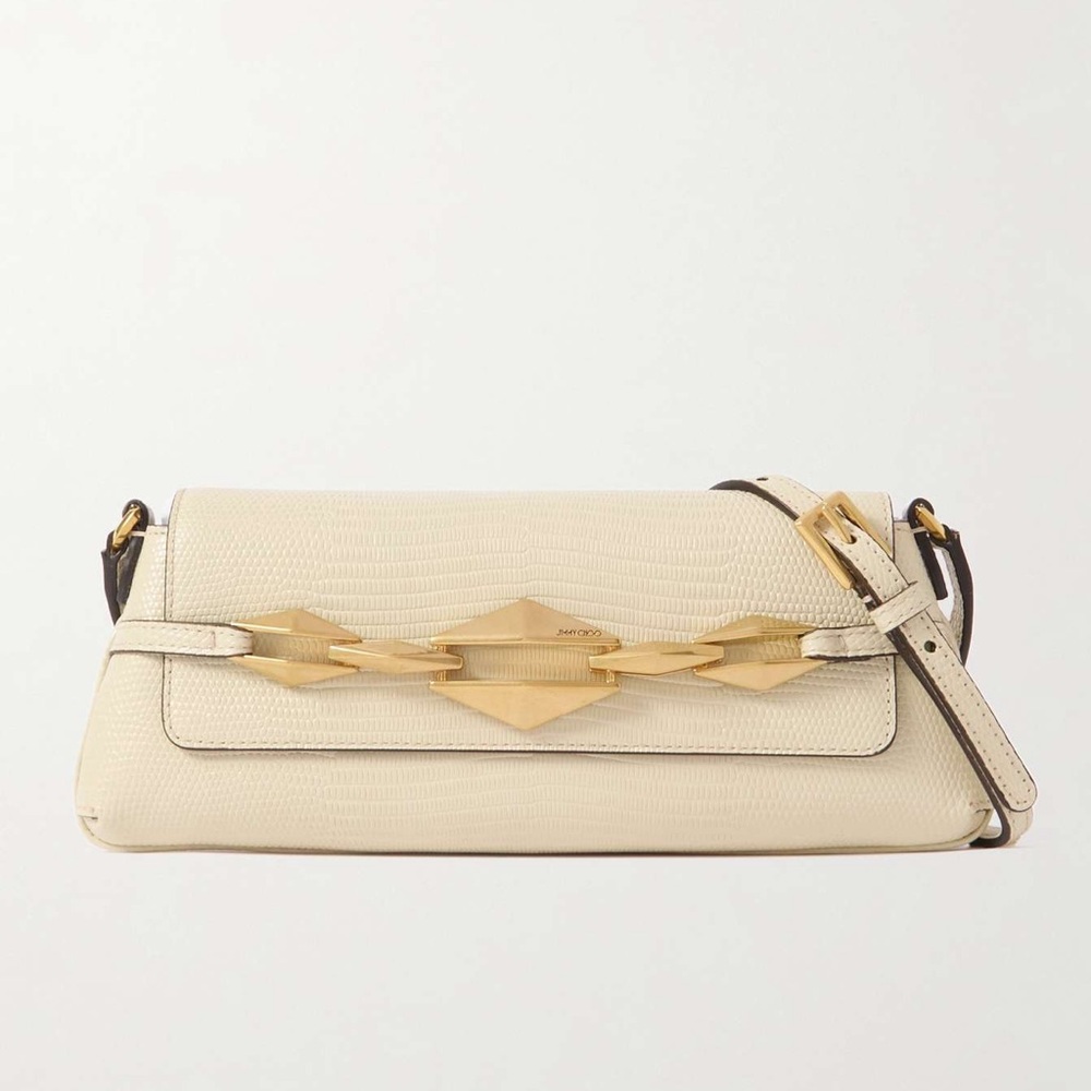Jimmy Choo Small Diamond Lizard-Embossed Shoulder Bag Cream Color